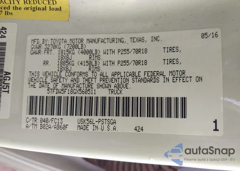 2016 Toyota Tundra Sr5 5.7L V8 from USA, damaged, VIN 5TFDW5F18GX560511